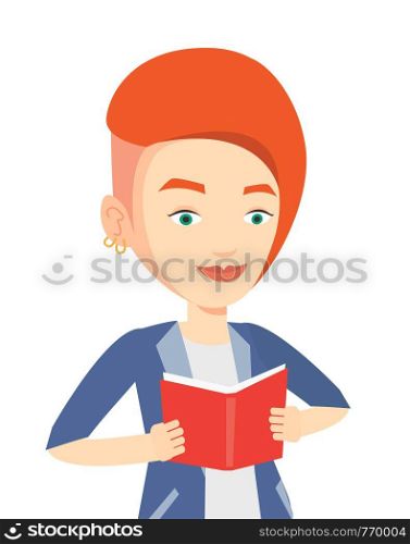 Smiling caucasian student reading a book. Cheerful female student reading a book and preparing for exam. Student holding a book in hands. Vector flat design illustration isolated on white background.. Student reading book vector illustration.