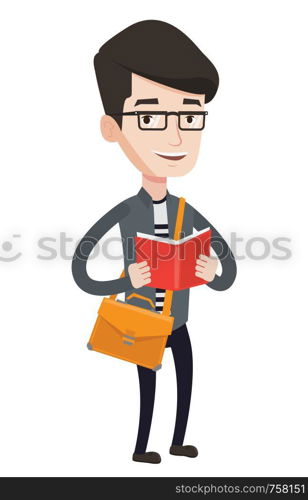 Smiling caucasian student reading a book. Cheerful male student reading a book and preparing for exam. Student standing with book in hands. Vector flat design illustration isolated on white background. Student reading book vector illustration.