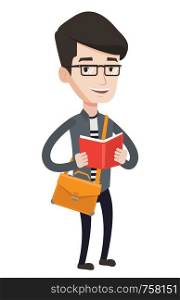 Smiling caucasian student reading a book. Cheerful male student reading a book and preparing for exam. Student standing with book in hands. Vector flat design illustration isolated on white background. Student reading book vector illustration.
