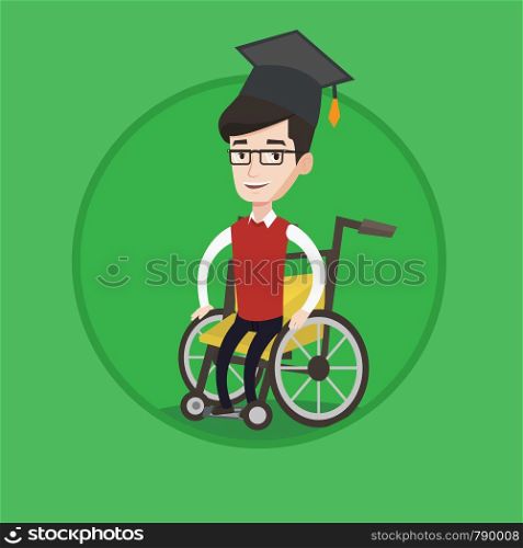 Smiling caucasian student sitting in wheelchair. Disabled cheerful graduate in graduation cap using wheelchair. Vector flat design illustration in the circle isolated on background.. Graduate sitting in wheelchair vector illustration