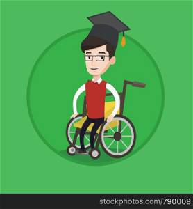 Smiling caucasian student sitting in wheelchair. Disabled cheerful graduate in graduation cap using wheelchair. Vector flat design illustration in the circle isolated on background.. Graduate sitting in wheelchair vector illustration