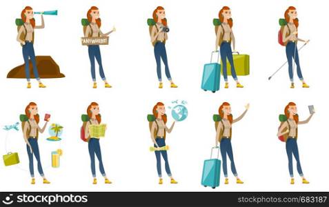 Smiling caucasian traveler with spyglass. Full length of young female traveler with spyglass. Traveler looking through spyglass. Set of vector flat design illustrations isolated on white background.. Vector set with traveler characters.