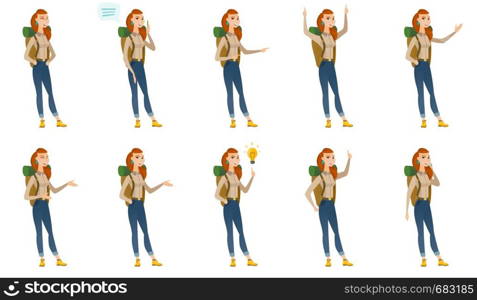Smiling caucasian traveler woman showing direction. Full length of traveler pointing at something and showing direction by hand. Set of vector flat design illustrations isolated on white background.. Vector set of traveler characters.