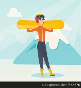 Smiling caucasian woman carrying skis on her shoulders. Sportswoman holdong skis on the background of snow capped mountain. Young sportswoman skiing. Vector flat design illustration. Square layout.. Young caucasian sportswoman holding skis.