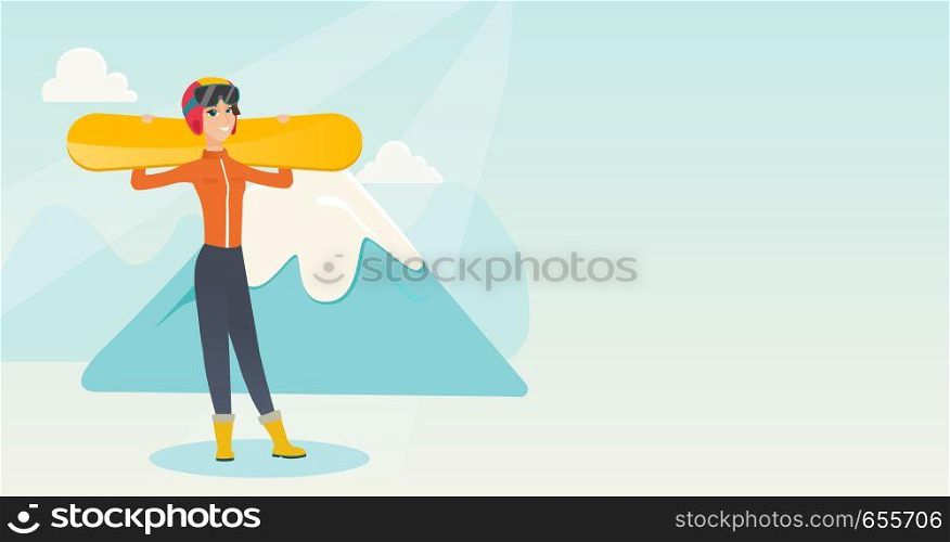 Smiling caucasian woman carrying skis on her shoulders. Sportswoman holdong skis on the background of snow capped mountain. Young sportswoman skiing. Vector flat design illustration. Horizontal layout. Young caucasian sportswoman holding skis.