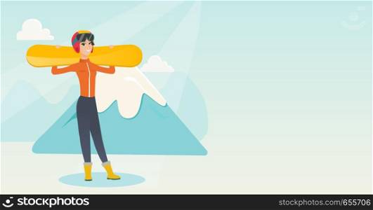 Smiling caucasian woman carrying skis on her shoulders. Sportswoman holdong skis on the background of snow capped mountain. Young sportswoman skiing. Vector flat design illustration. Horizontal layout. Young caucasian sportswoman holding skis.