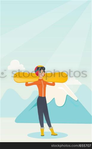 Smiling caucasian woman carrying skis on her shoulders. Sportswoman holdong skis on the background of snow capped mountain. Young sportswoman skiing. Vector flat design illustration. Vertical layout.. Young caucasian sportswoman holding skis.