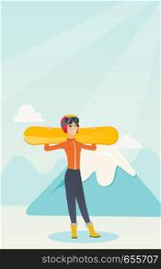 Smiling caucasian woman carrying skis on her shoulders. Sportswoman holdong skis on the background of snow capped mountain. Young sportswoman skiing. Vector flat design illustration. Vertical layout.. Young caucasian sportswoman holding skis.