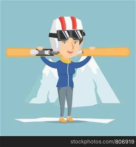 Smiling caucasian woman carrying skis on her shoulders. Sportswoman holdong skis on the background of snow capped mountain. Young sportswoman skiing. Vector cartoon illustration. Square layout.. Young caucasian sportswoman holding skis.