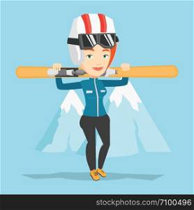 Smiling caucasian woman carrying skis. Sportswoman standing with skis on her shoulders on the background of snow capped mountain. Young woman skiing. Vector flat design illustration. Square layout.. Woman holding skis vector illustration.