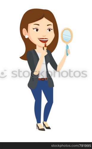 Smiling caucasian woman doing makeup and looking in hand-mirror. Woman rouge lips with red color lipstick. Young woman paints her lips. Vector flat design illustration isolated on white background.. Woman rouge lips with red color lipstick.