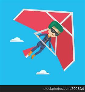 Smiling caucasian woman flying on hang-glider. Sportswoman taking part in hang gliding competitions. Woman having fun while gliding on delta-plane. Vector flat design illustration. Square layout.. Woman flying on hang-glider vector illustration.