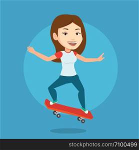 Smiling caucasian woman riding a skateboard. Happy sportswoman skateboarding. Young skater riding a skateboard. Sportsoman jumping with skateboard. Vector flat design illustration. Square layout.. Woman riding skateboard vector illustration.