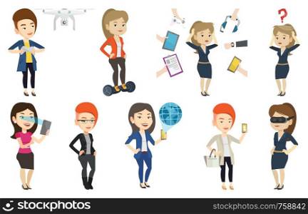 Smiling caucasian woman using smart mobile phone with retina scanner. Young woman using iris scanner to unlock her mobile phone. Set of vector flat design illustrations isolated on white background.. Vector set of people using modern technologies.