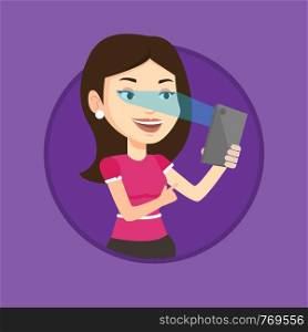 Smiling caucasian woman using smart mobile phone with retina scanner. Young woman using iris scanner to unlock her mobile phone. Vector flat design illustration in the circle isolated on background.. Woman using iris scanner to unlock mobile phone.