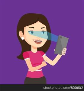 Smiling caucasian woman using smart mobile phone with retina scanner. Young happy woman using iris scanner to unlock her mobile phone. Vector flat design illustration. Square layout.. Woman using iris scanner to unlock mobile phone.