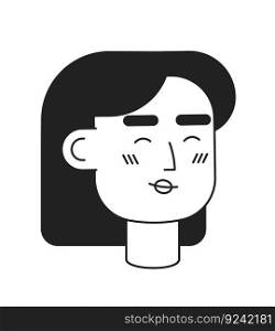 Smiling caucasian woman with black hair monochrome flat linear character head. Excited lady. Editable outline hand drawn human face icon. 2D cartoon spot vector avatar illustration for animation. Smiling caucasian woman with black hair monochrome flat linear character head