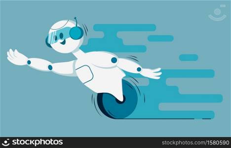 Smiling chat bot character robot helping solve a problems. For website or mobile application. Flat cartoon illustration isolated on blue background.. Smiling chat bot character robot helping solve a problems. For website or mobile application. Flat cartoon illustration