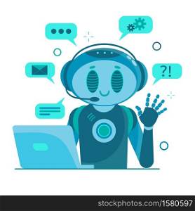 Smiling chat bot character robot helping solve a problems. For website or mobile application. Flat cartoon illustration isolated on white background.. Smiling chat bot character robot helping solve a problems. For website or mobile application. Flat cartoon illustration