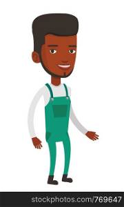 Smiling cheerful african-american farmer man in overalls. Illustration of full lenght of young satisfied farmer man. Vector flat design illustration isolated on white background.. Friendly african-american farmer man.