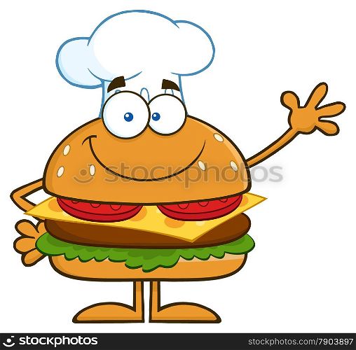 Smiling Chef Hamburger Cartoon Character Waving