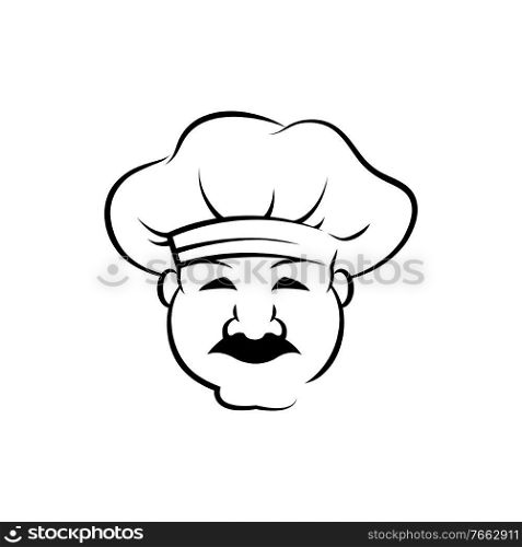 Smiling chef outline vector illustration. Italian baker in chef cap ink pen sketch. Confectioner, gourmet with mustache freehand drawing. Bakery, restaurant logotype. Catering service design element. Smiling chef outline vector illustration