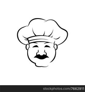 Smiling chef outline vector illustration. Italian baker in chef cap ink pen sketch. Confectioner, gourmet with mustache freehand drawing. Bakery, restaurant logotype. Catering service design element. Smiling chef outline vector illustration