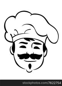 Smiling chef wearing a traditional toque or white cloth hat with a big bushy moustache, black and white face sketch