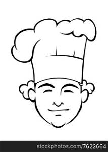 Smiling chef with a tall toque and curly hair, outline doodle sketch in black and white of his face