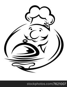 Smiling chef with tray in cartoon style