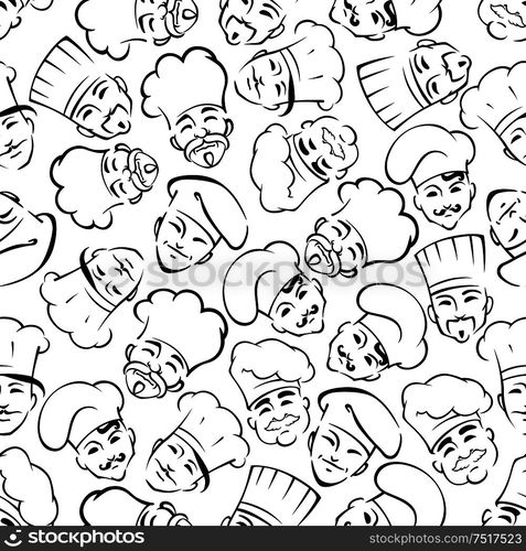 Smiling chefs in uniform toques seamless pattern. For restaurant interior or scrapbook page backdrop design usage with black sketches of moustached cooks and bakers over white background. Seamless chefs and bakers in uniform hats pattern