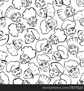 Smiling chefs in uniform toques seamless pattern. For restaurant interior or scrapbook page backdrop design usage with black sketches of moustached cooks and bakers over white background. Seamless chefs and bakers in uniform hats pattern
