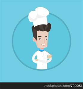 smiling chief cooker in uniform and hat standing with arms crossed. Young caucasian chef cooker. Confident male chief cooker. Vector flat design illustration in the circle isolated on background.. Confident male chief cooker with arms crossed.