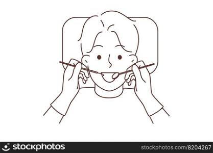 Smiling child get dentist treatment in hospital. Happy kid receive oral hygiene in clinic. Healthcare and medicine. Vector illustration. . Child get dental treatment 