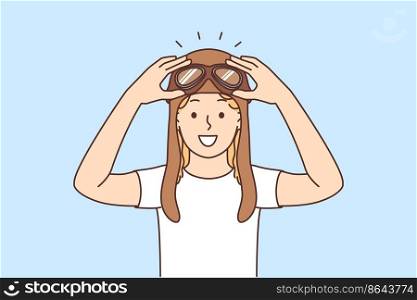 Smiling child in pilot hat excited about future career. Happy kid in aviator headwear plan to be captain or aircrew. Vector illustration. . Happy child in pilot hat
