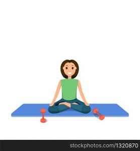 Smiling Child Sits Lotus Position Involved Sport. Happy Young Girl training yoga blue mat, Dumbbell. Program Sport Fitness Workout. Isolated on White Background. Healthy Lifestyle
