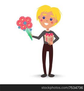 Smiling child with gift box and bouquet of flowers vector illustration. Blond boy with presents for women s day isolated on white. Smiling Child with Gift Box Bouquet of Flowers