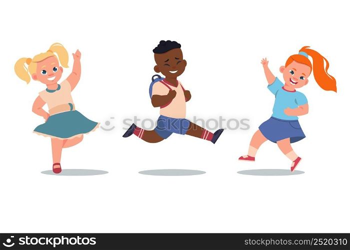 Smiling children. Cute dancing boys and girls. Happy people in good mood. Young persons poses and gestures. Active classmates. Isolated cheerful teenagers playing or running. Vector jumping kids set. Smiling children. Dancing boys and girls. Happy people in good mood. Young persons poses and gestures. Active classmates. Cheerful teenagers playing or running. Vector jumping kids set