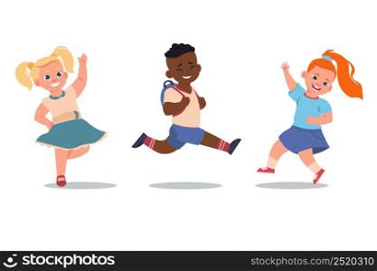 Smiling children. Cute dancing boys and girls. Happy people in good mood. Young persons poses and gestures. Active classmates. Isolated cheerful teenagers playing or running. Vector jumping kids set. Smiling children. Dancing boys and girls. Happy people in good mood. Young persons poses and gestures. Active classmates. Cheerful teenagers playing or running. Vector jumping kids set