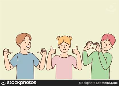 Smiling children showing different hand gestures. Happy kids demonstrate symbols and signs. Nonverbal communication and body language. Vector illustration. . Smiling children show hand gestures 