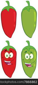 Smiling Chili Pepper Cartoon Mascot Character. Collection Set