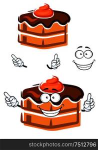 Smiling chocolate cake cartoon character with ganache frosting and orange cream, for pastry shop or dessert menu design