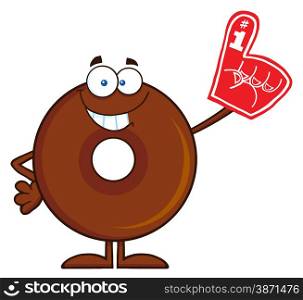 Smiling Chocolate Donut Cartoon Character Wearing A Foam Finger