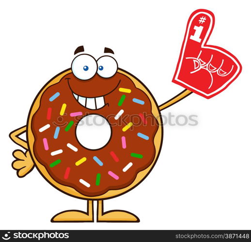 Smiling Chocolate Donut Cartoon Character With Sprinkles Wearing A Foam Finger