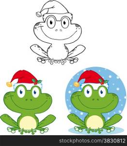 Smiling Christmas Frog Cartoon Character. Collection Set