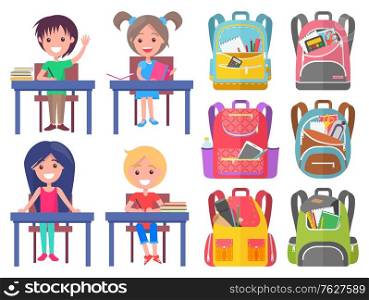 Smiling classmates sitting at desktop with notebook, backpack sticker on white. Girl and boy studying, pen and pencil in school bag, education sign vector. Back to school concept. Flat cartoon. Girl and Boy Studying, Backpack Sticker Vector