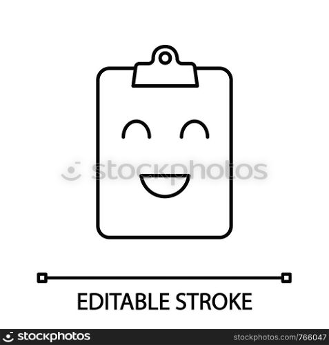 Smiling clipboard linear icon. Test completed. Thin line illustration. Successful medical exam. Happy clipboard. Good results. Emoji, emoticon. Contour vector isolated outline drawing. Editable stroke. Smiling clipboard linear icon