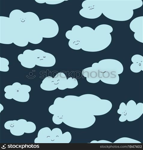 Smiling cloud character, fluffy cloudscape seamless pattern. Character with facial expression, dreamy poster or backgrounds for nursery or kids card design. Vector in flat style illustration. Cloud character with smiling face seamless pattern