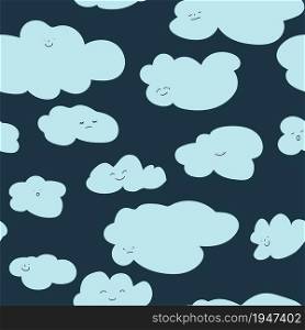 Smiling cloud character, fluffy cloudscape seamless pattern. Character with facial expression, dreamy poster or backgrounds for nursery or kids card design. Vector in flat style illustration. Cloud character with smiling face seamless pattern