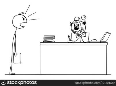 Smiling clown boss official or businessman working in office, vector cartoon stick figure or character illustration.. Smiling Clown as Boss or Businessman Working in Office, Vector Cartoon Stick Figure Illustration